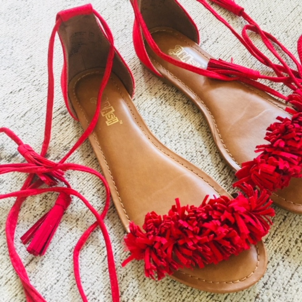 Red Fringe Ankle Tie Sandals | Brash